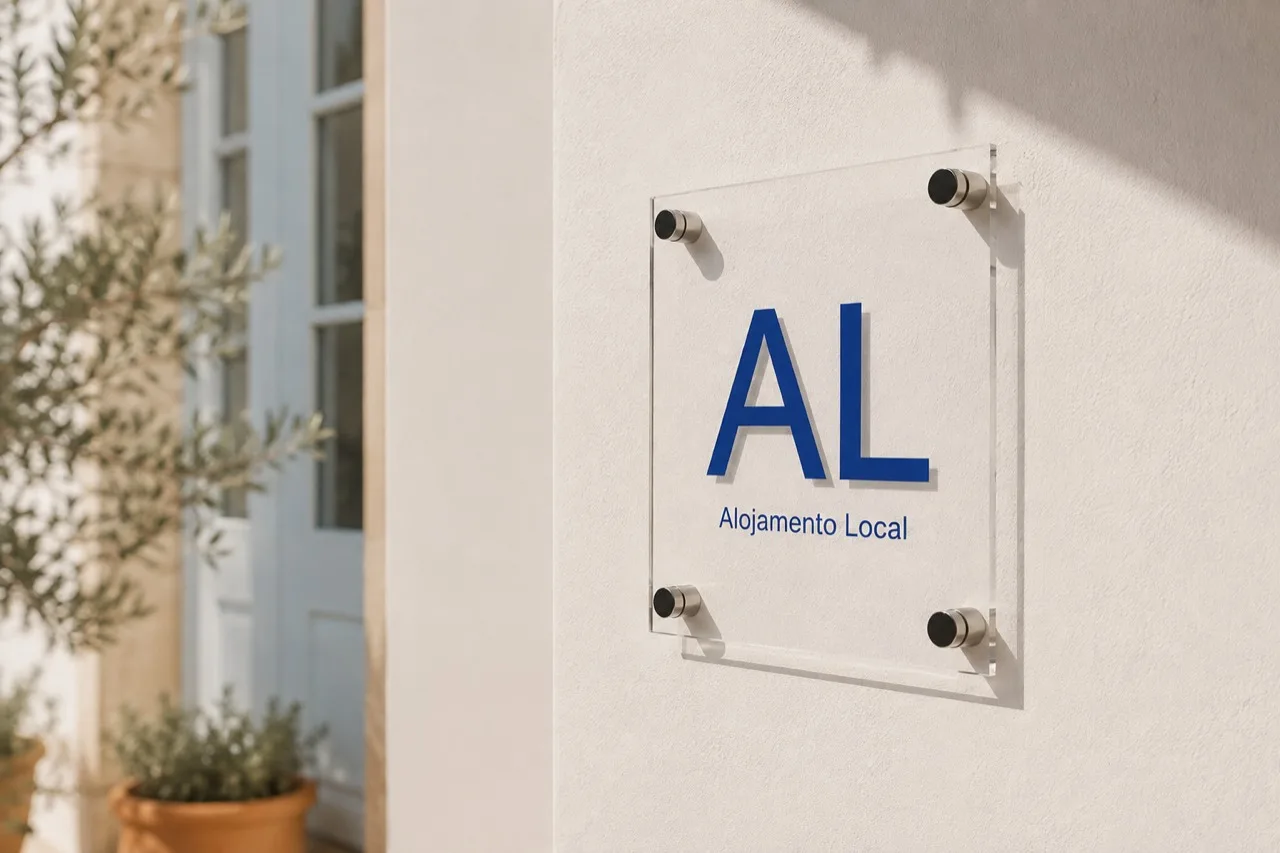 An Alojamento Local identification sign mounted on a sunlit white wall in Madeira