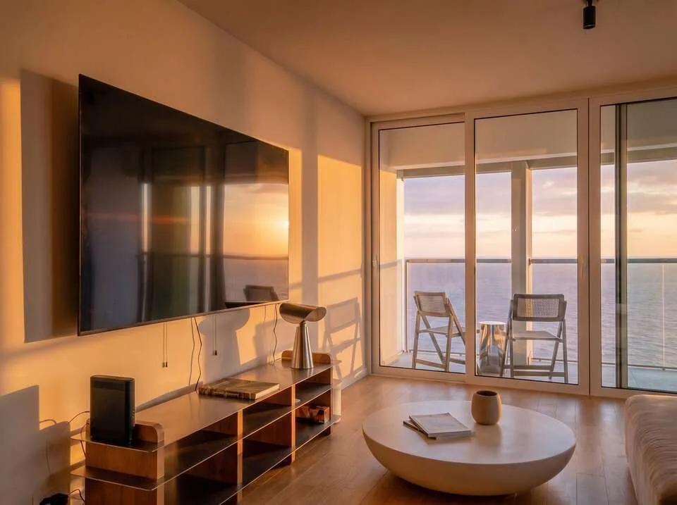 Horizon Living lounge with an ocean view at sunset
