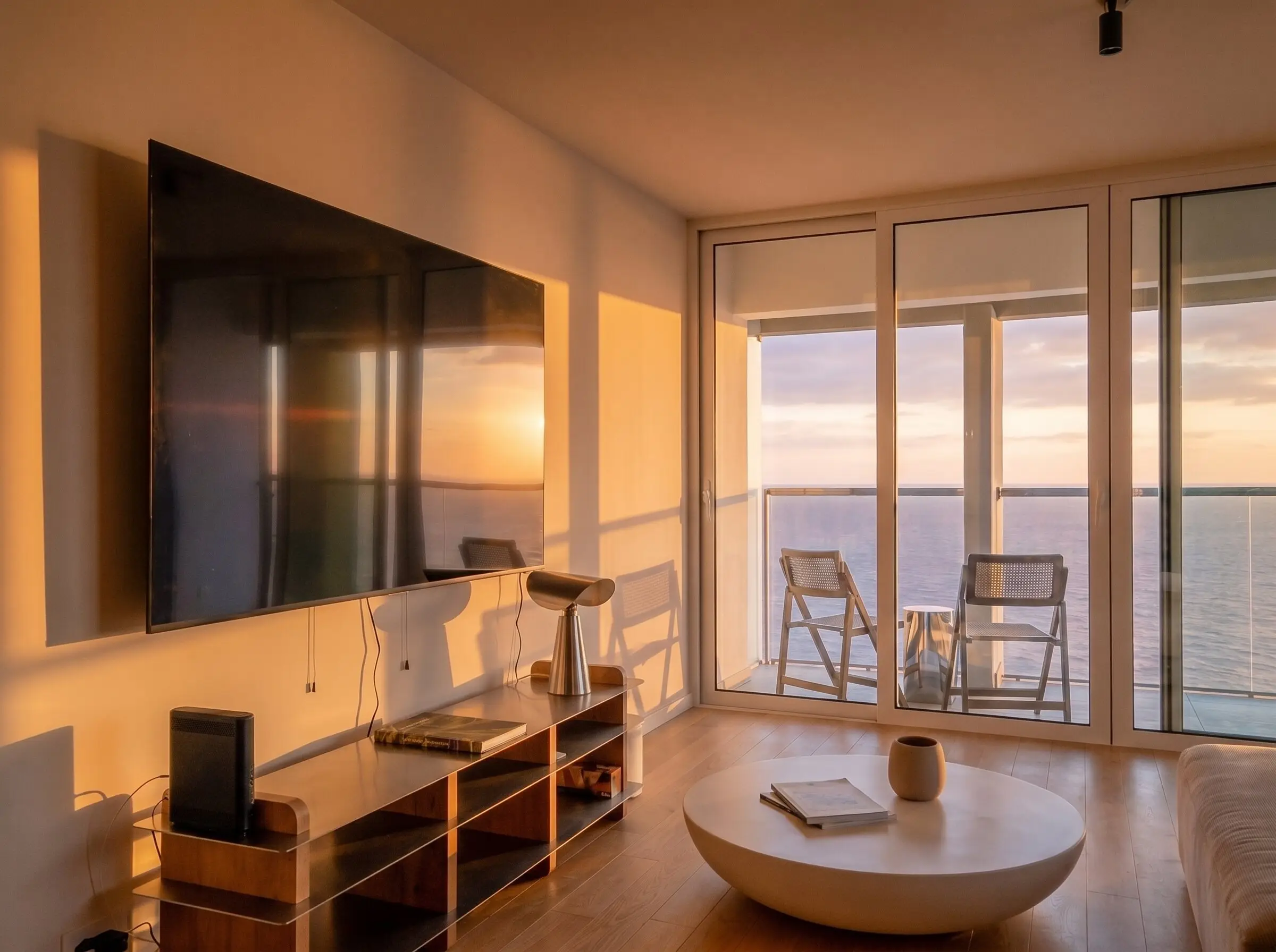 Apartment living room with a balcony and ocean view at sunset