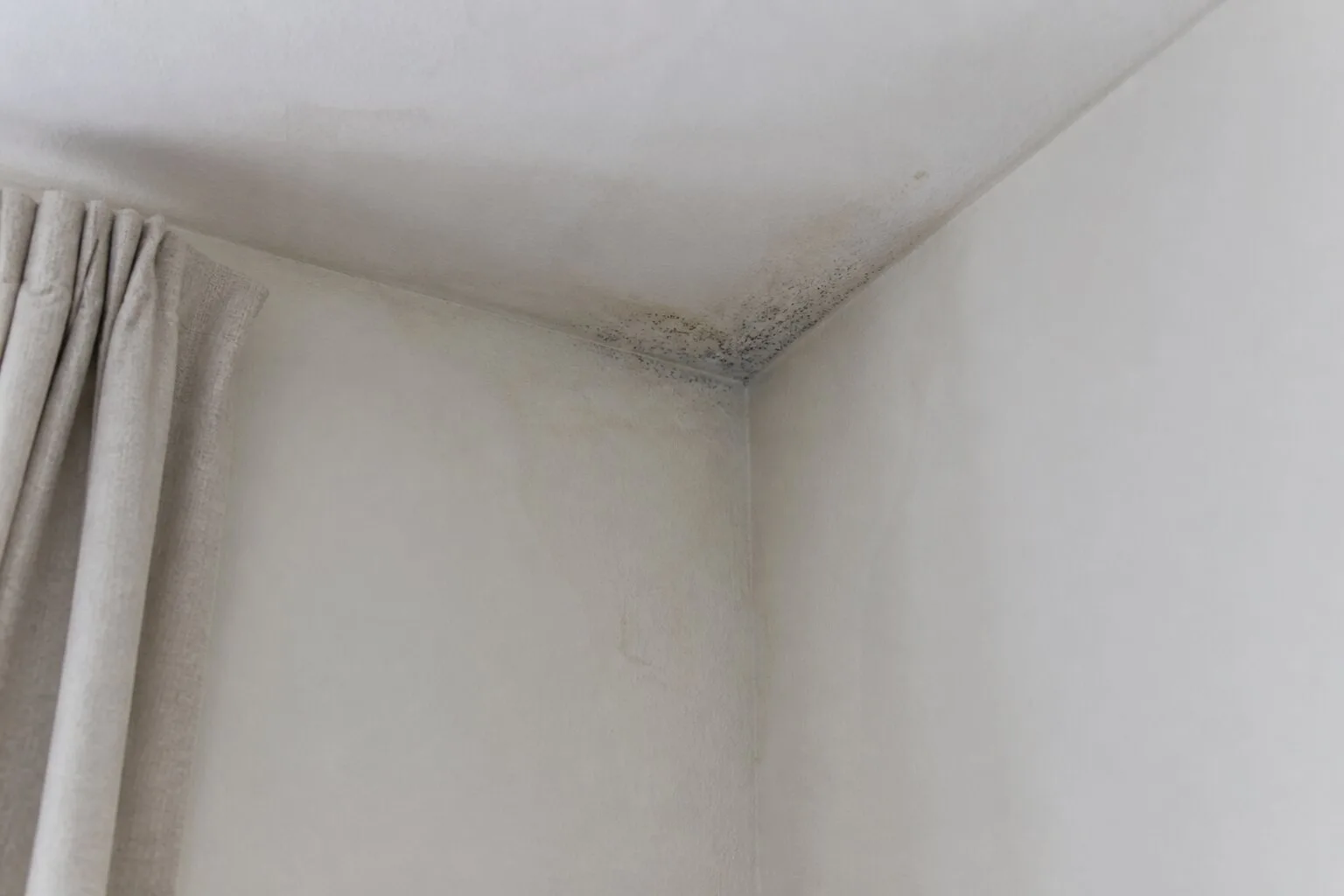 Upper corner of a bright room with local mould marks near the ceiling