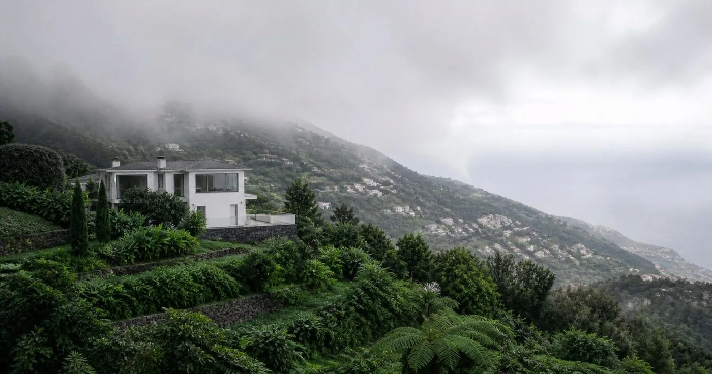 Homes on a green Madeira hillside beneath low cloud