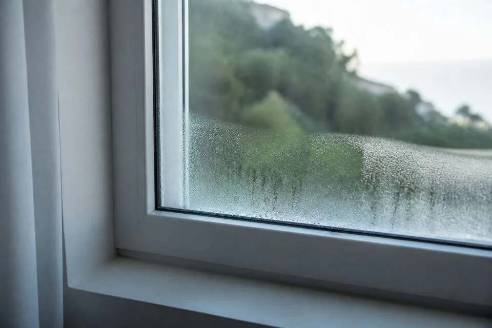 Morning condensation on the inside of a bedroom window